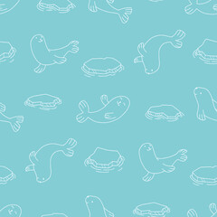 Outline Vector Seamless Pattern of Sea Lion Floating Ice Background for Fashion Wrapping Print