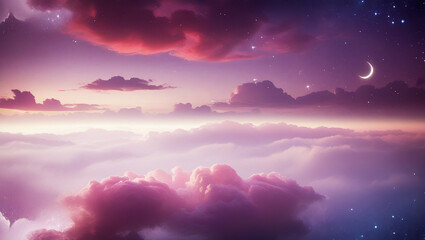 Ramadan background with dreamy twilight sky, glowing crescent moon, and soft pastel clouds, blending deep violet, pink, and peach hues, perfect as a peaceful spiritual wallpaper.