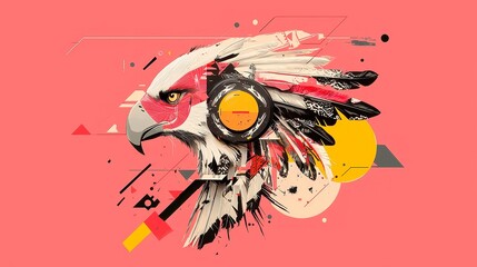 Bold Native American Thunderbird Symbol Art, striking vector design featuring powerful imagery, clean geometric style, vibrant neon colors, and ample copy-space for text integration.