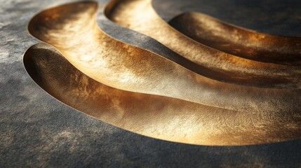 Abstract close up image depicts golden wave shapes and dark stone