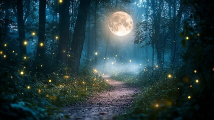 Moonlit forest path with fireflies and fog. (2)