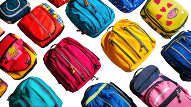 Colorful backpacks arranged creatively, showcasing a variety of designs and colors on a white isolated background.