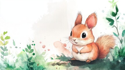 An adorable watercolor painting showing a charming little squirrel