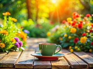 Fototapeta premium Miniature Garden Scene: Coffee Cup on Rustic Wooden Table, Tilt-Shift Photography