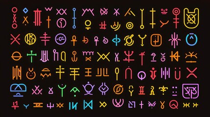Nordic Runes and Symbols Vector Art, mystical patterns featuring bold black outlines, simple colors, geometric style, perfect for fantasy projects and vibrant designs.