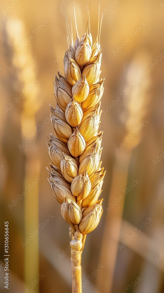 Poster close-up of a single wheat ear with sharp details and soft focus