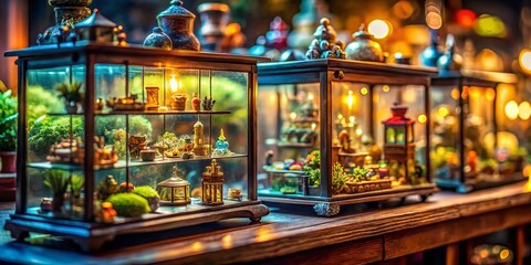Miniature Glass Display Case with Artifacts, Tilt-Shift Photography