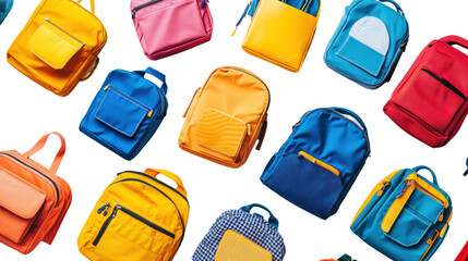 Colorful collection of stylish backpacks arranged on a flat surface for a trendy school or travel vibe.