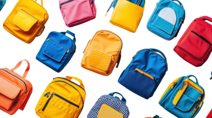 Colorful collection of stylish backpacks arranged on a flat surface for a trendy school or travel vibe.