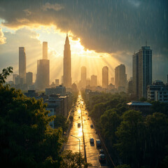 Dramatic City Skyline at Sunset with Rain and Sunrays