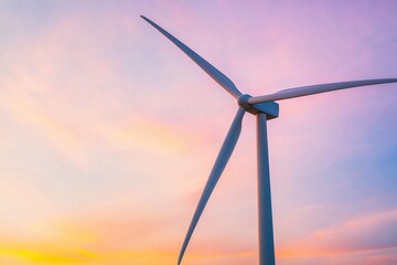 Earth Day Resources Concepts. Wind turbine against a colorful sunset sky.