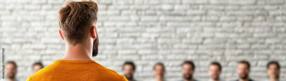 Poster man with beard facing a group in a casual setting.