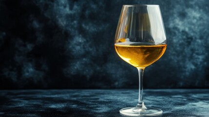 Elegant glass of golden wine on textured dark backdrop