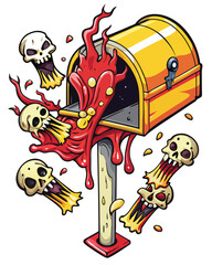 A surreal, grotesque mailbox overflowing with letters, spilling onto the ground in an 'S' shape.  Focus on the decaying, monstrous detail of the mailbox.