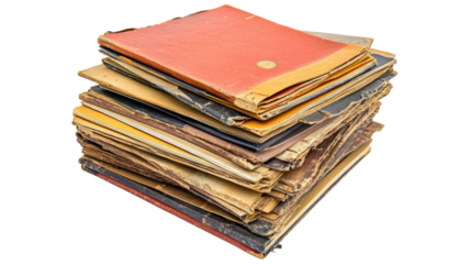 Stack of old folders and documents on a white isolate background.
