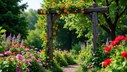 Fototapeta premium A rustic wooden trellis supporting colorful flowers and climbing plants, garden, landscape, flowers