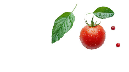 Obraz premium Fresh red tomato with green leaves isolated on white background, enhanced with water droplets for a vibrant look.