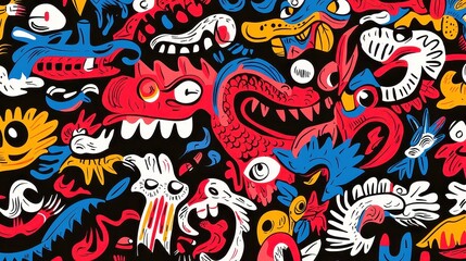 Obraz premium Slavic Mythological Beasts Pattern, featuring legendary creatures in traditional style, bold black outlines, solid colors, geometric design, cool neon-lit color palette.