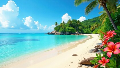 A sandy beach with crystal clear waters and an island surrounded by lush greenery and exotic flowers, water, sand, island