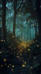 Mystical Firefly Path in a Foggy Forest