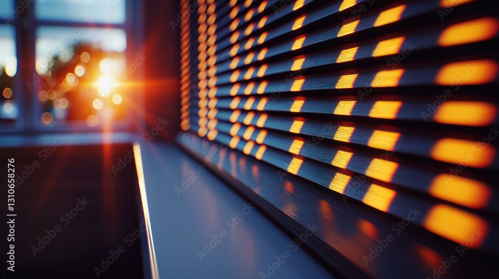Poster sunlight streams through window blinds, creating bright light and dark shadows