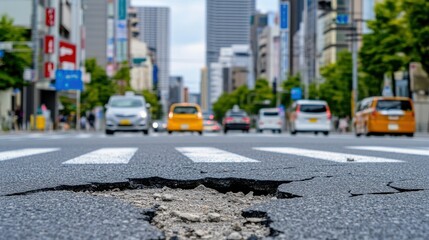 Obraz premium Broken asphalt road in city, blurred traffic in background, pedestrian crossing is visible.