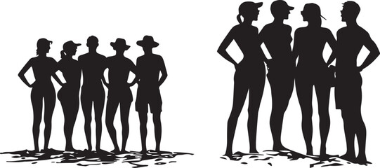 Silhouette group of  friends, standing together on the beach vector silhouette