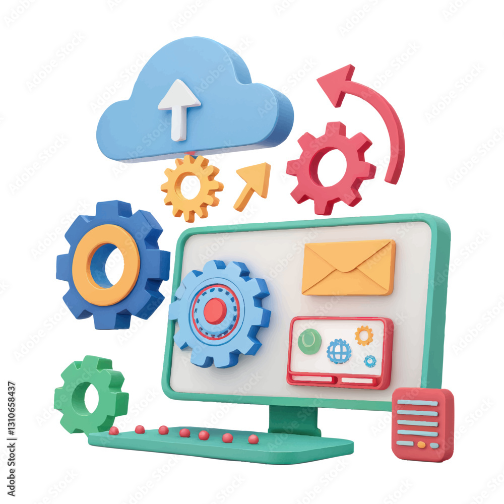Poster colorful 3D illustration of cloud computing with gears, arrows, and computer screen, symbolizing data synchronization and technology integration
