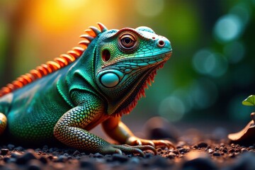 Fototapeta premium Vibrant Green Iguana Basking in Golden Sunlight, Detailed Scales and Vivid Colors, a Close-Up Portrait in a Natural Setting