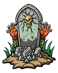 A decaying gravestone, partially submerged, with skeletal hands emerging from the earth, clawing at the weathered stone.  Focus on texture and decay.