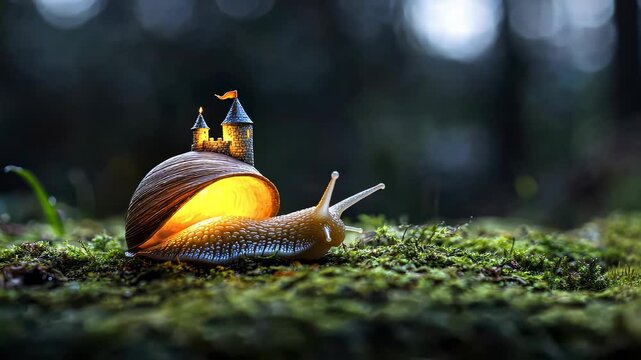 Magical snail with a castle shell in a mystical forest setting