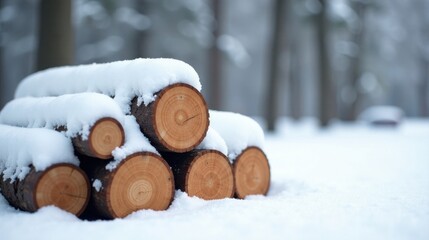 Winter's Embrace A Stack of Snow-Covered Logs in a Tranquil Forest Setting