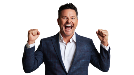 Happy man celebrating success with raised fists, isolated on a white background.