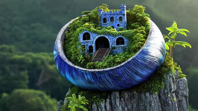 fantastical castle nestled within a blue shell on a rocky cliff