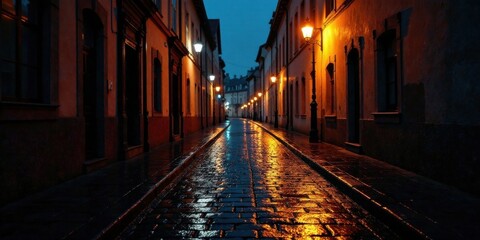 Fototapeta premium Nighttime cobblestone street, warm lamplight reflecting on wet pavement, old buildings line the narrow lane, creating a mysterious and atmospheric urban scene.