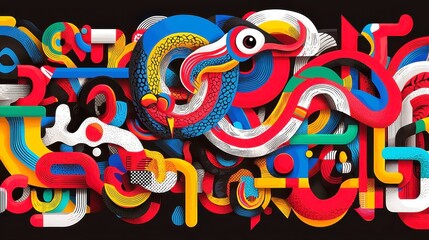 Naklejka premium Aboriginal Rainbow Serpent Vector Art, bold black outlines, seamless Dreamtime-inspired design, geometric style, cool neon color palette, ideal for contemporary art projects