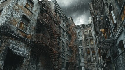 Desolate Urban Alleyway with Rusted Fire Escapes and Rain