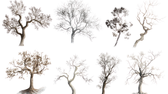 Collection of artistic tree designs in various styles and colors on a white isolated background.