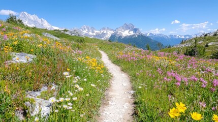 Dreamy Mountain Trail Surrounded by Colorful Wildflowers