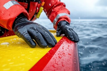 Gloved hands gripping edge of a red and yellow boat in the ocean, splashing waves, sea rescue operation in rough waters.