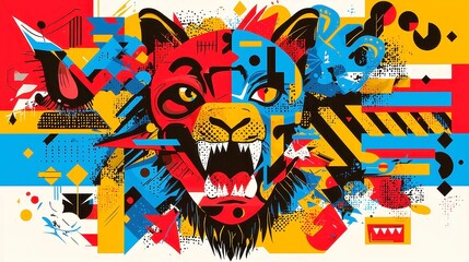 Zulu Shield Vector Design, seamless background featuring bold symmetrical warrior symbols, strong black outlines, solid colors, geometric style, cool neon color palette, pop art inspiration.