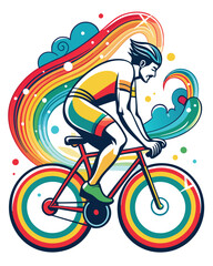 Fototapeta premium A vibrant illustration of a cyclist in dynamic motion, speeding along a path magically imbued with rainbow colors. Bike details are sharp.