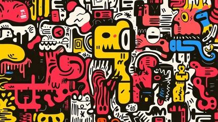 Fototapeta premium Amazonian Tribal Line Art Seamless Print, featuring bold black outlines, nature-inspired indigenous motifs, geometric style, cool neon color palette, ideal for vibrant designs.
