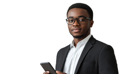 Confident young man in a suit holding a smartphone, isolated on a white background.