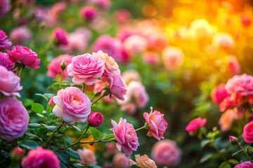 Fototapeta premium Miniature Pink Rose Garden: Tilt-Shift Photography of Colorful Variegated Roses