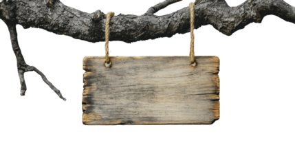 Wooden signboard hanging from a branch, perfect for signage or decorative purposes, white isolated background.