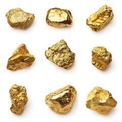 Gold nuggets collection, showcasing rich and beautiful textures, isolated on white background
