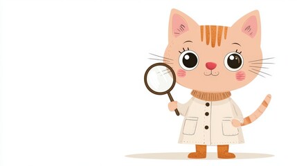 Obraz premium Cute Cartoon Cat with Magnifying Glass Illustration