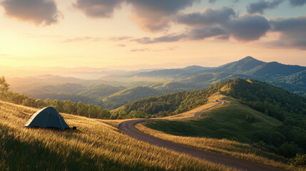 Picturesque tent set up on a hill overlooking scenic roadside camping area surrounded by majestic nature and beauty