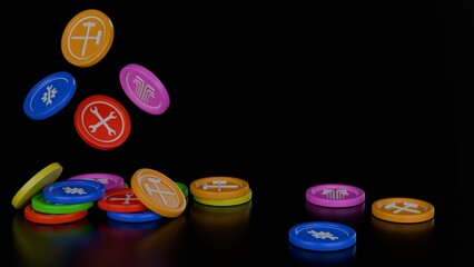 Coin Tool concept on black background. Vector illustration.3d rendering. 3D illustration.
